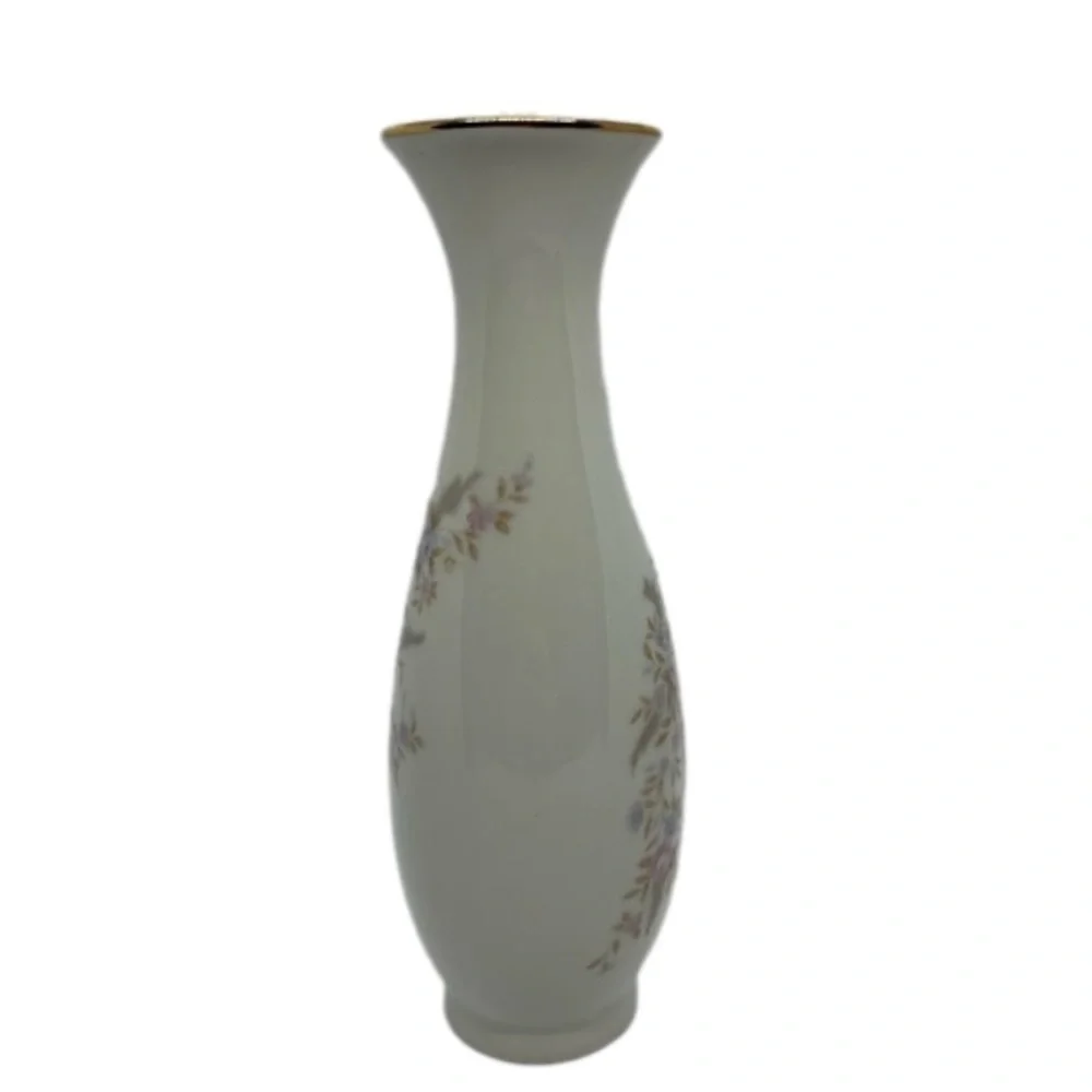 Lefton China Hand Painted Small Mouth Gold Trim 7” Floral Bud Vase #7053
